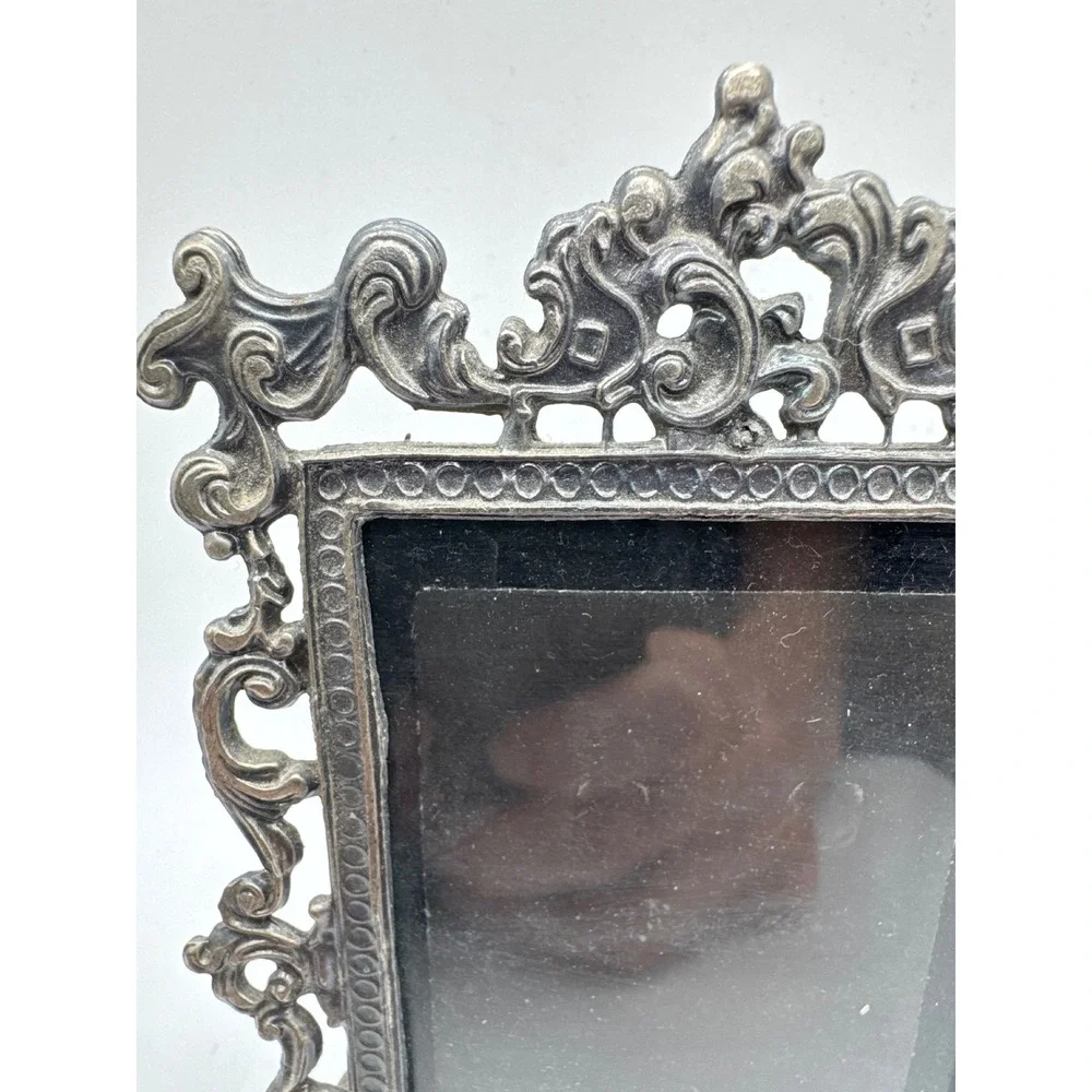 Vintage Ornate Metal Picture Frame Rococo Scrollwork Pewter Tone Small Frame